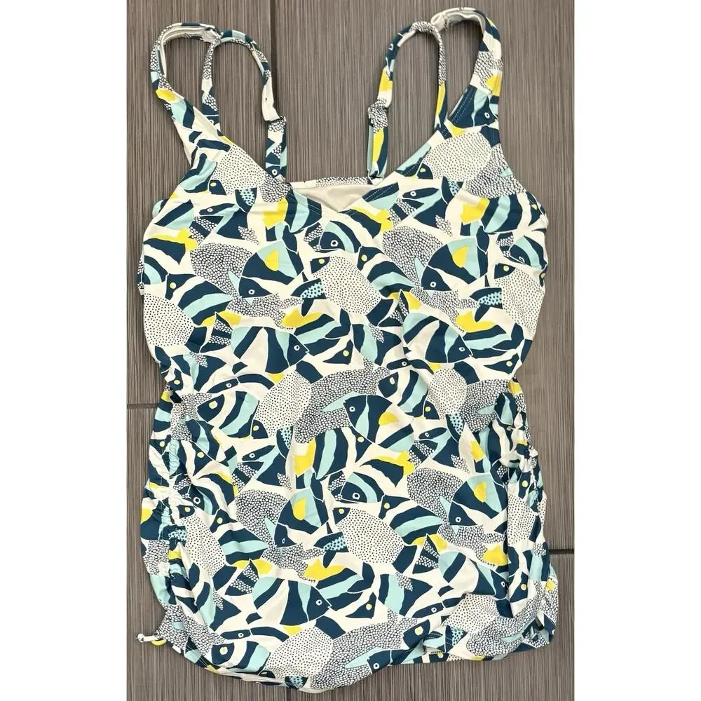 Lands' End Womens Chlorine Resistant High Neck Tankini Top Size 10 Fish Runched